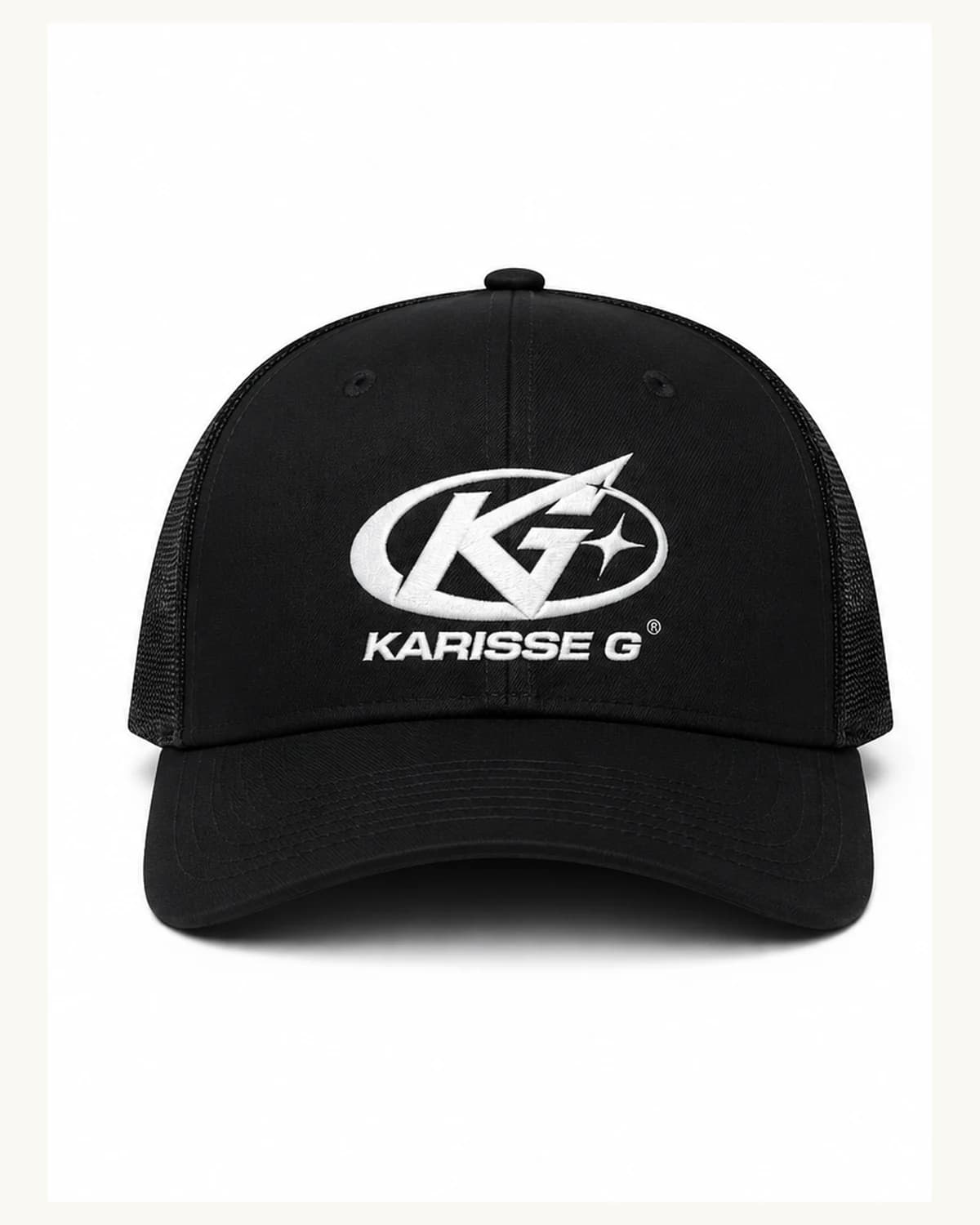 Front view of Black and White Logo Trucker Hat