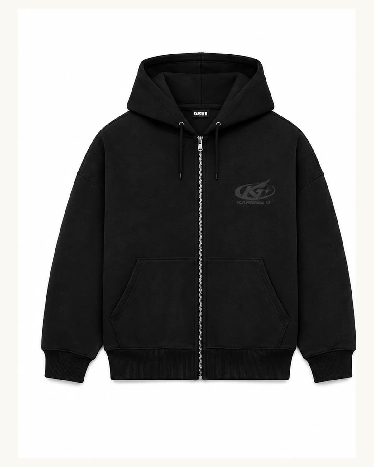 Front view of Jet Black Chest Logo Zip Hoodie